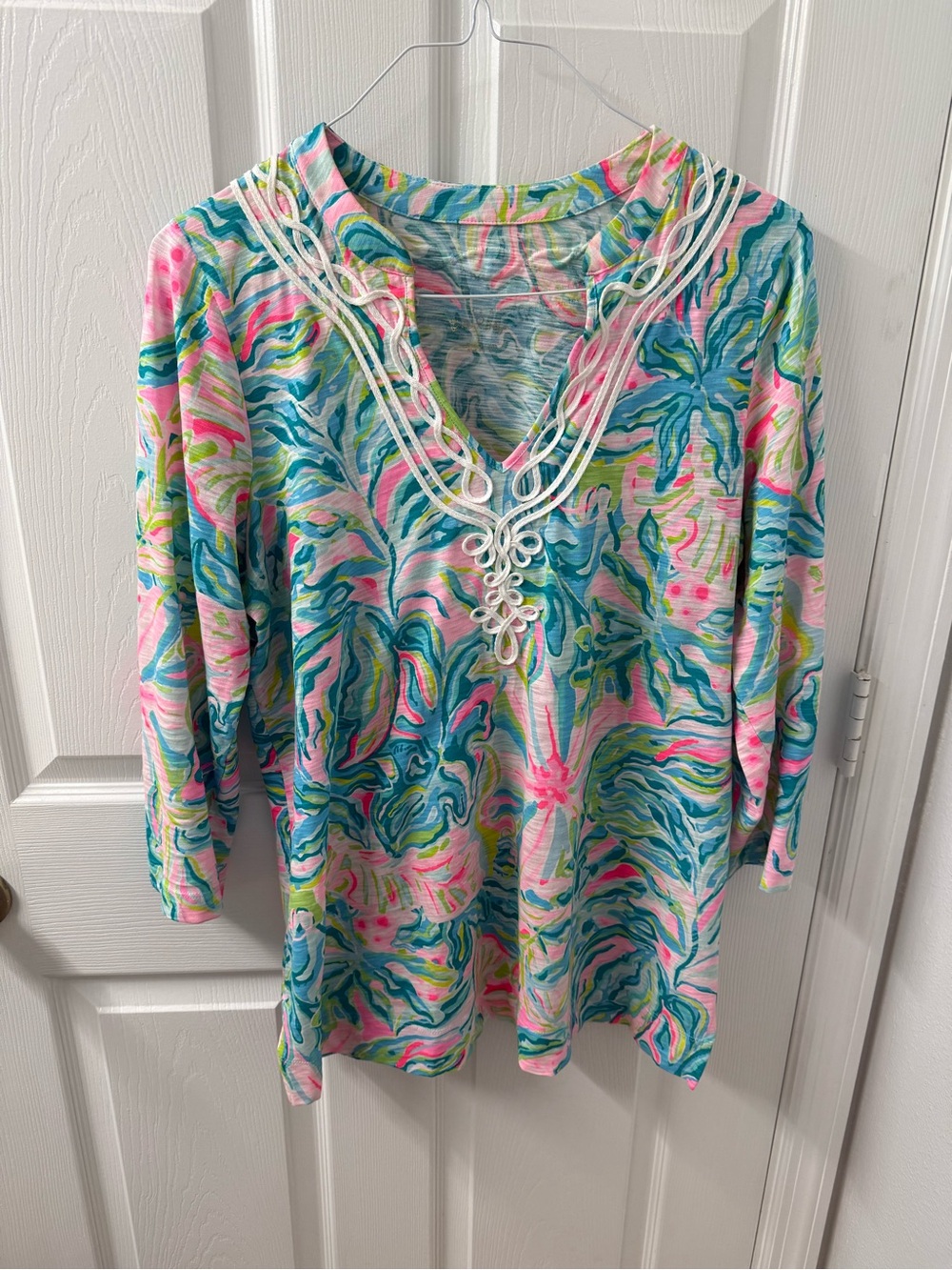 Lilly Pulitzer Pink, Blue & Green Swirl V-Neck Embroidered Tunic - Picture 2 of 3